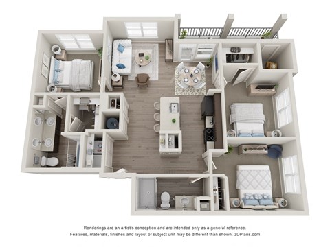 Floor plan for 3 beds, 2 baths, 1217 sqft